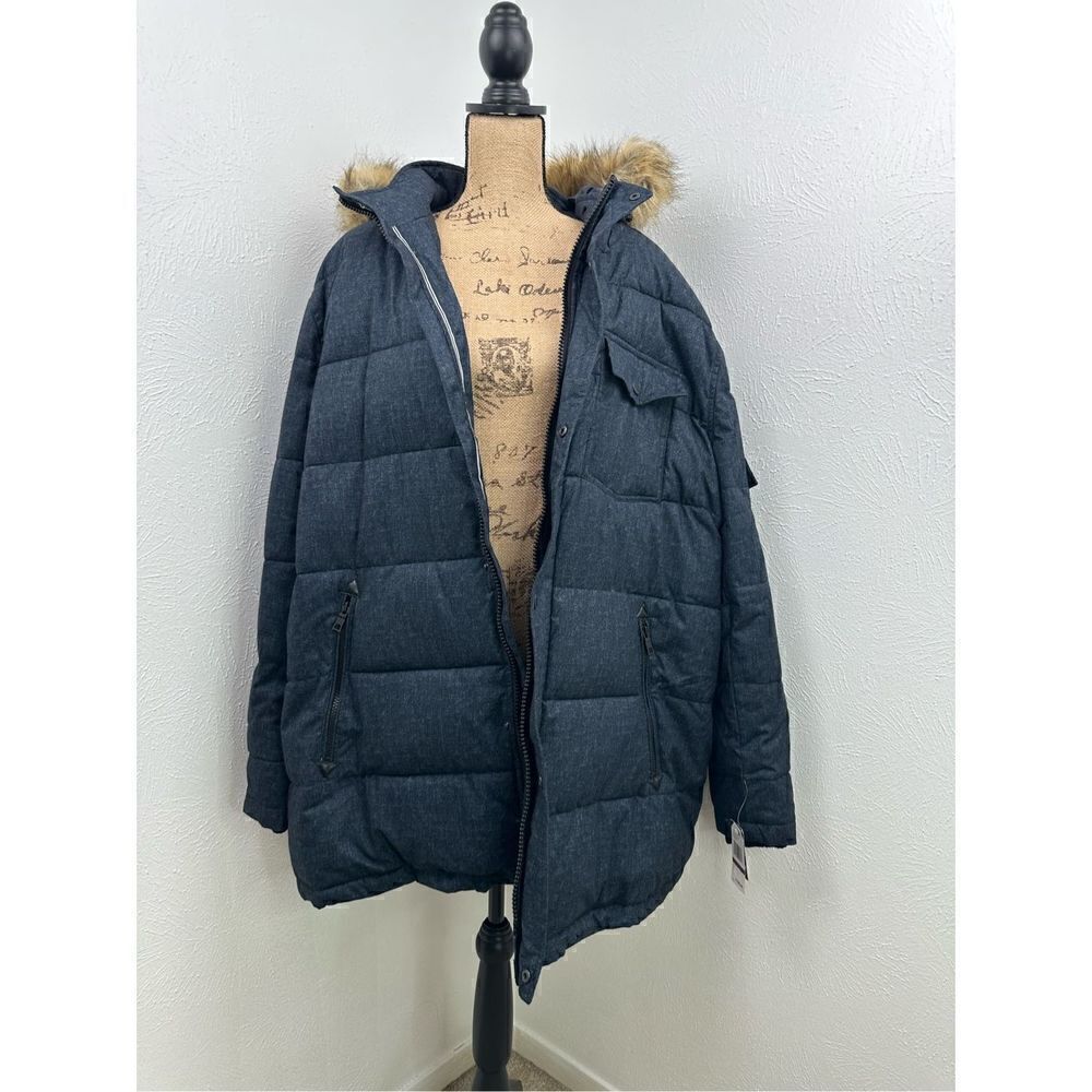 Nautica Men’s Big & Tall Blue Commuter parka Faux-Fur Trimmed Hood Size 2X